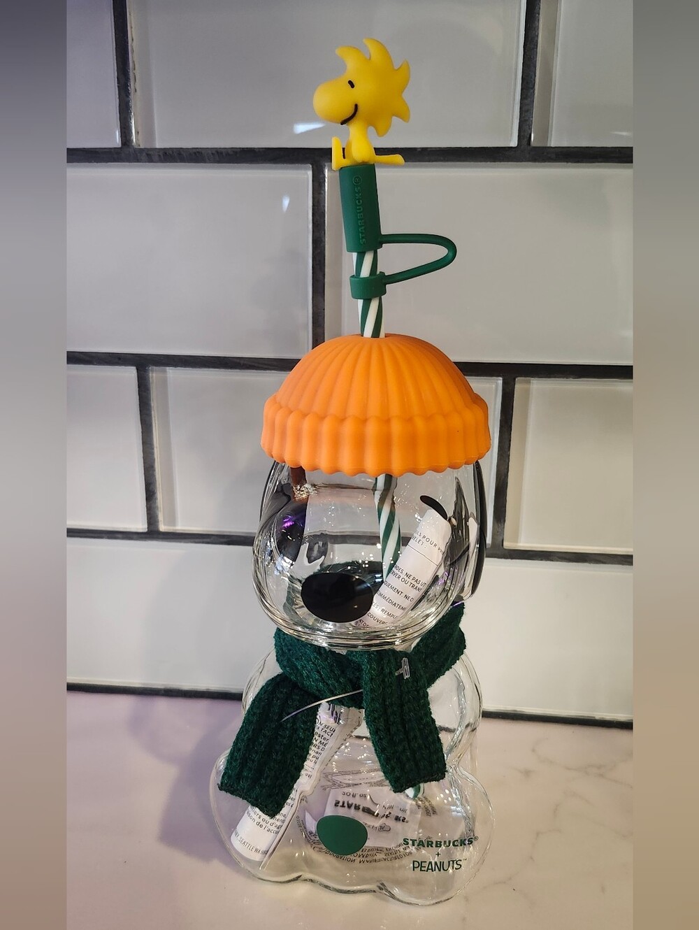 Starbucks Clear Peanuts Woodstock Glass Cup with Orange Hat and Green Scarf